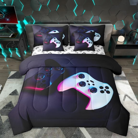 Homewish Gamer Gaming 7-Piece Bedding Comforter Set,Gamepad Controller King Bedding Sets,White Black Bed Sheets For Boys Teens,Microfiber Bedroom Decor Reversible