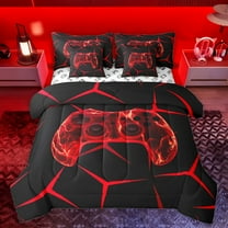 Homewish Gamer Gaming 7-Piece Twin Bedding Sets,Modern Geometric Hockeycomb Bedding Comforter Set,Red Gamepad Sheet Sets For Boys Teens,Microfiber Bedroom Decor Reversible