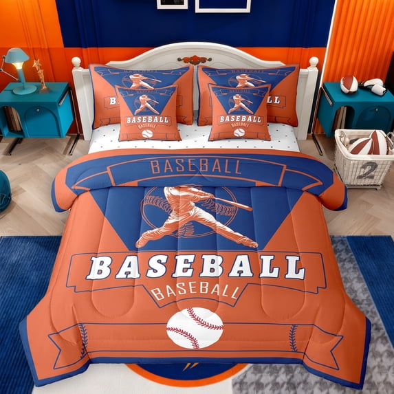 Homewish Gamer Gaming 7 Pieces Bedding Comforter Set,Baseball Sport Full Bedding Set,Orange Blue Fitted Sheet Flat Sheet For Boys,Ultra Soft Home Decor Reversible