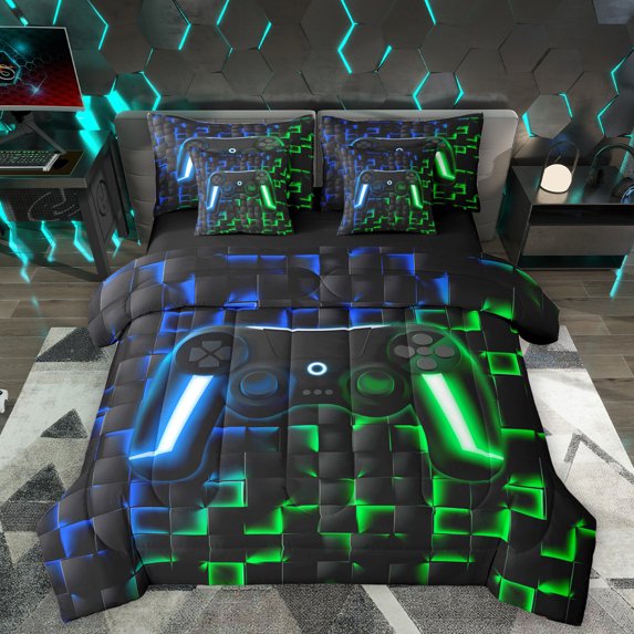 Homewish Gamer Gaming 7pcs Bedding Comforter Set,Modern Geometric Queen Bedding Sets,Green Blue Ombre Queen Sheet Sets For Boys Teens,Microfiber Bedroom Decor Reversible