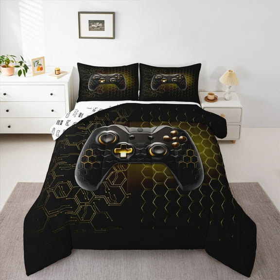 Homewish Gamer Gaming Bedding Comforter Set,Geometric Hockeycomb Hexagon Twin Comforter Sets,Cartoon Gamepad Bedding Set For Kid Boy,Lightweight Room Decorative Reversible,2 Pieces