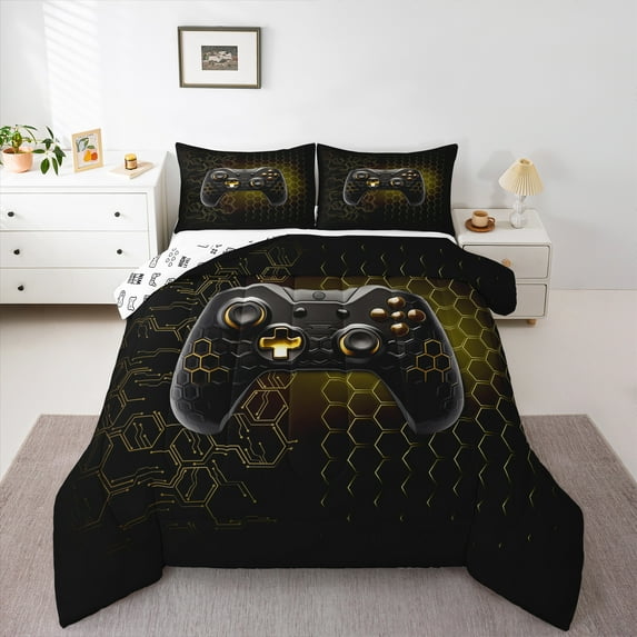 Homewish Gamer Gaming Bedding Comforter Set,Geometric Hockeycomb Hexagon Twin Comforter Sets,Cartoon Gamepad Bedding Set For Kid Boy,Lightweight Room Decorative Reversible,2 Pieces