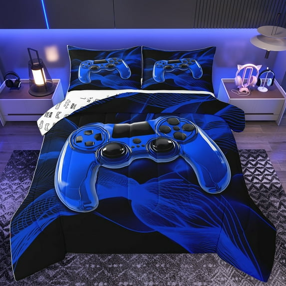 Homewish Gamer Gaming Bedding Comforter Set,Kids Gamepad Controller Twin Comforter Sets,Blue Black Bedding Set For Teens,Microfiber Bedroom Decor Reversible,2pcs