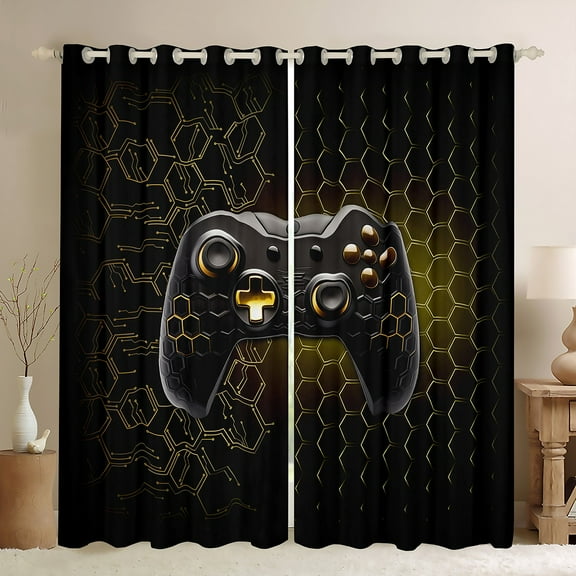Homewish Gamer Gaming Black Out Curtains,Geometric Hockeycomb Hexagon Curtains Pack of 2 (42x63 Each),Cartoon Gamepad Bedroom Curtains For Kid Boy,Lightweight Room Decorative