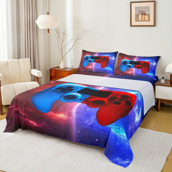 Homewish Gamer Gaming Full Size Sheets,Gamepad Bed Sheets,Red Blue Ombre Sheet Sets For Boys Teens,Microfiber Bedroom Decor,4pcs