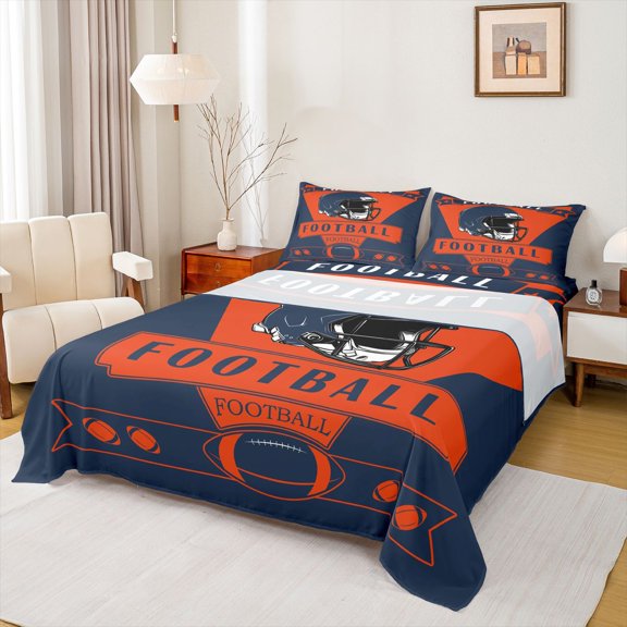 Homewish Gamer Gaming Twin Sheet Sets,Rugby Football Sport Twin Fitted Sheet,Deepblue Orange Flat Sheet For Boys,Ultra Soft Home Decor,3pcs