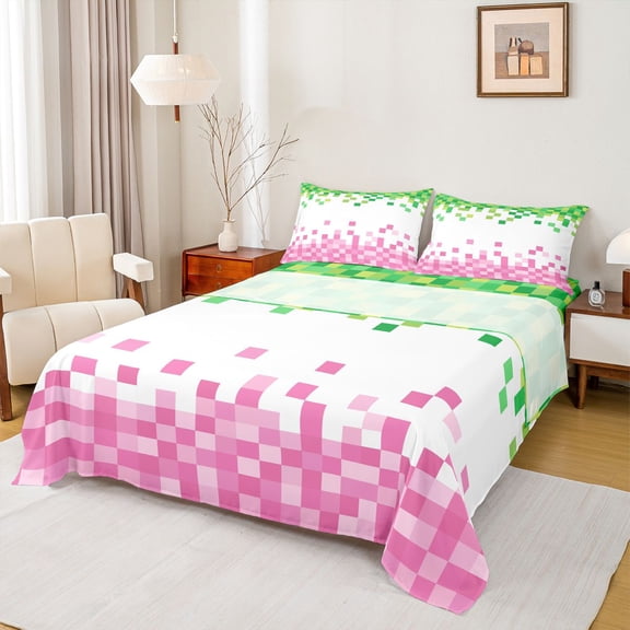 Homewish Games Gamepad Miners Bed Sheets, Cartoon Pink Green Blocks King Sheets, Teens Kids Boys Girls Sheet Set, Super Cozy Room Decor, 4pcs