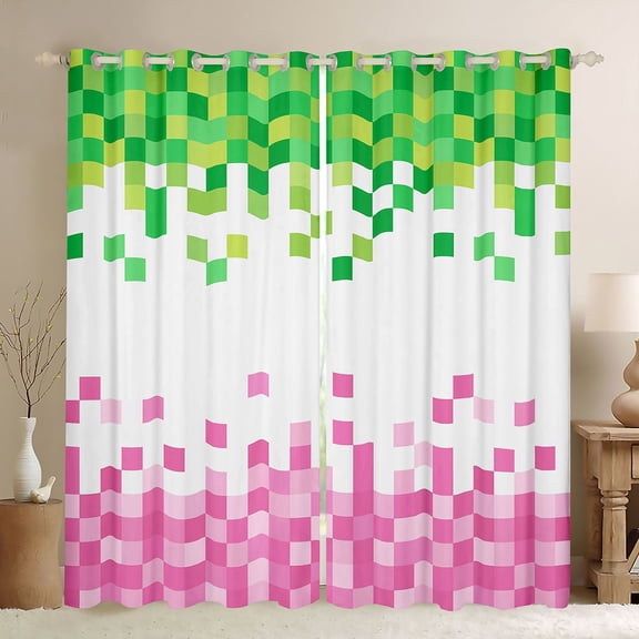 Homewish Games Gamepad Miners Black Out Curtains, Cartoon Pink Green Blocks Curtains Pack of 2 (42x63 Each), Teens Kids Boys Girls Bedroom Curtains, Living Room Curtains Decor