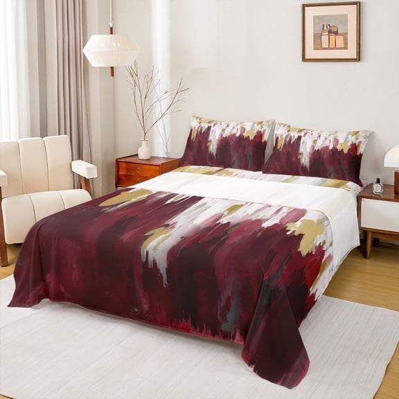Homewish Garffiti Aesthetic Full Size Sheets,Oil Painting Artistic Bed Sheets,Red White Gold Sheet Sets For Adults,Luxury Bedroom Decor,4 Pieces