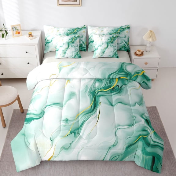 Homewish Geometric Artwork 7-Piece Twin Bedding,Green Stone Pattern Bedding Comforter Set,Light Gray Reversible