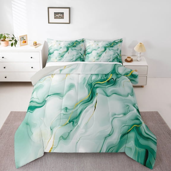 Homewish Geometric Artwork Queen Comforter Set,Green Stone Pattern Comforter Sets Queen,Light Gray Reversible,3-Piece,1 Comforter and 2 Pillowcases