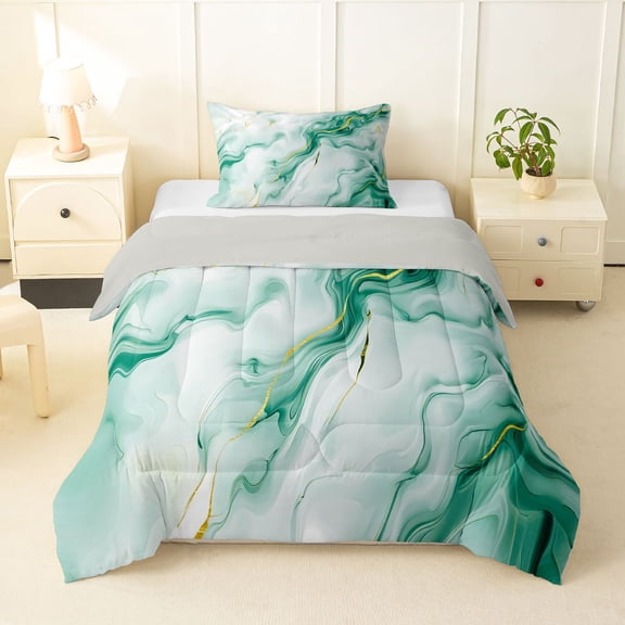 Homewish Geometric Artwork Twin Comforter Sets,Green Stone Pattern Bedding Set,Light Gray Reversible,2 Pieces,1 Comforter and 1 Pillowcase