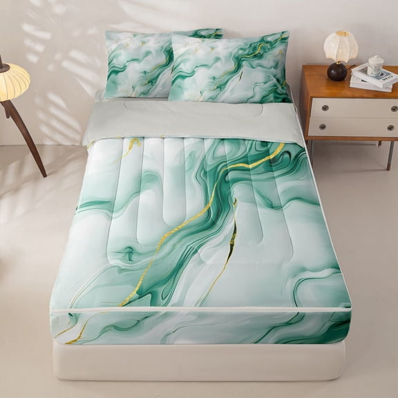 Homewish Geometric Artwork Zipper Twin Comforter Sets with Fitted Sheet and 2 Pillowcases,Green Stone Pattern Zipper Bedding Set,Light Gray Reversible,4pcs