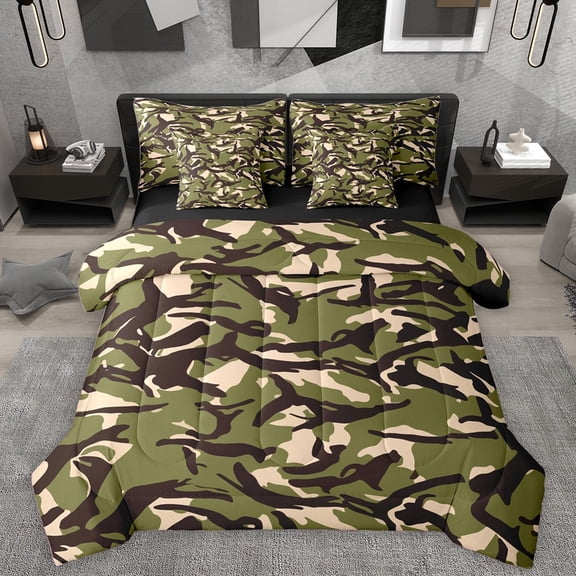 Homewish Geometric Camo Boy 7-Piece Bedding Comforter Set,Black Green King Bedding Sets,Abstract Camouflage Ultra Soft Bed Sheets,Microfiber Bedroom Decor,Reversible