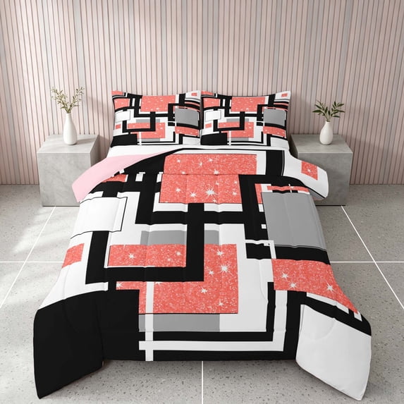 Homewish Geometric Checkered Full Size Comforter Sets, Orange White Black Bedding Comforter Set, Pink Reversible, 3 Pieces 1 Comforter and 2 Pillowcases