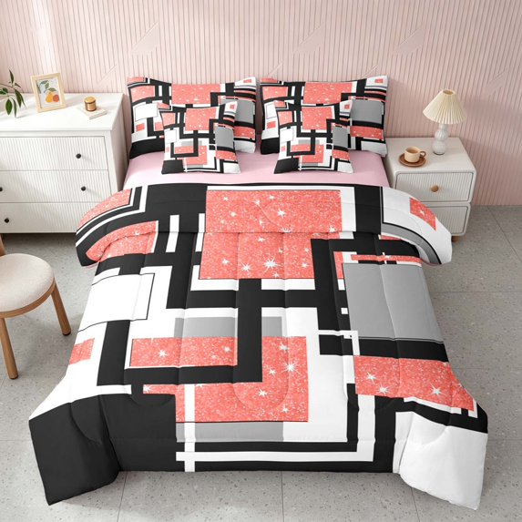 Homewish Geometric Checkered Twin Bedding, Orange White Black Bedding Comforter Set, Pink Reversible, 7pcs