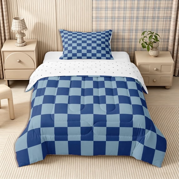 Homewish Geometric Checkered Twin Comforter Sets 2pcs, Timeless Grid Bedding Set, Navy Blue,Reversible,1 Comforter and 1 Pillowcase