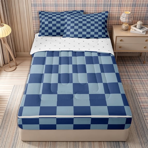 Homewish Geometric Checkered Zipper Queen Comforter Set with Fitted Sheet and 2 Pillowcases, Timeless Grid Zipper Bedding Set, Navy Blue,Reversible,4 Pieces