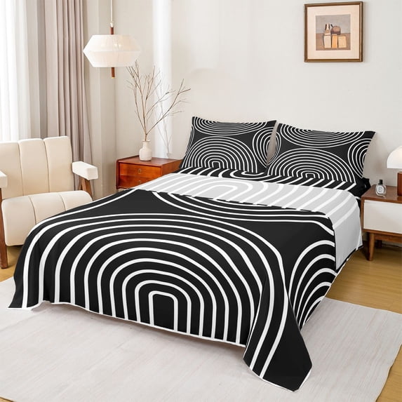 Homewish Geometric Circle Bed Sheets,Mid Century Aesthetic Full Size Sheets,Black White,4 Pieces,1 Flat Sheet, 1 Fitted Sheet and 2 Pillowcases