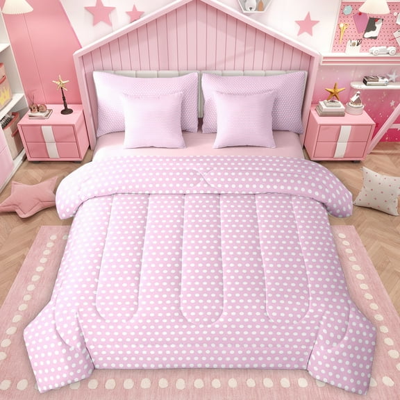 Homewish Geometric Circle Dot 7-Piece Twin Bedding Sets,Cute Polka Dots Bedding Comforter Set,Girls Pink Sheet Sets For Teens,Super Cozy Room Decor Reversible