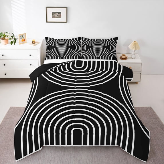 Homewish Geometric Circle Queen Comforter Set,Mid Century Aesthetic Comforter Sets Queen,Black White,Black Reversible,3pcs,1 Comforter and 2 Pillowcases