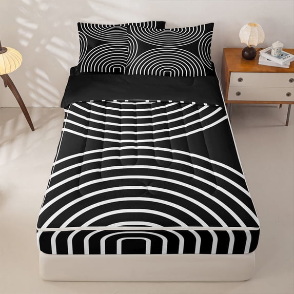 Homewish Geometric Circle Zipper Twin Comforter Sets with Fitted Sheet and 2 Pillowcases,Mid Century Aesthetic Zipper Bedding Set,Black White,Black Reversible,4pcs