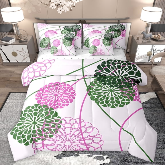 Homewish Geometric Dahlia Floral 7pcs Bedding Comforter Set,Waves Stripe Lines Queen Bedding Sets,Pink Green White Queen Sheet Sets For Adults,Super Cozy Room Decor