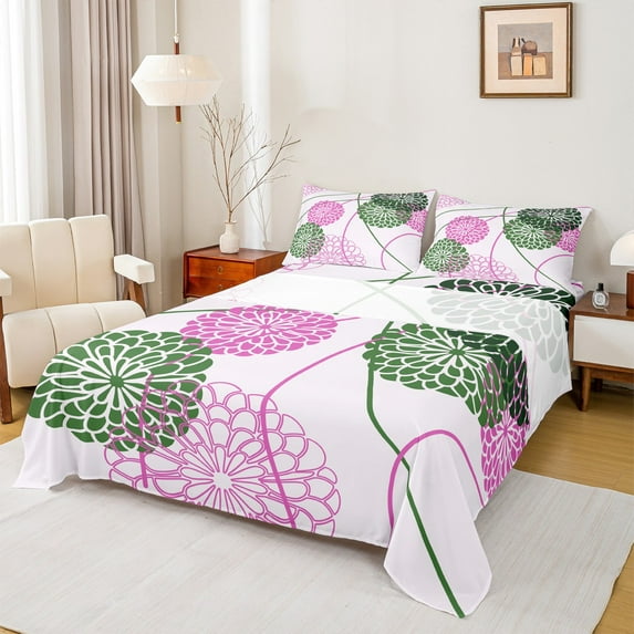 Homewish Geometric Dahlia Floral Bed Sheets,Waves Stripe Lines King Sheets,Pink Green White Sheet Set For Adults,Super Cozy Room Decor,4 Pieces
