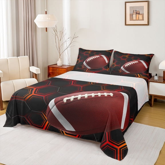 Homewish Geometric Hexagon Full Size Sheets,Rugby Football Sport Bed Sheets,Red Black Sheet Sets For Boys,Super Cozy Room Decor,4-Piece