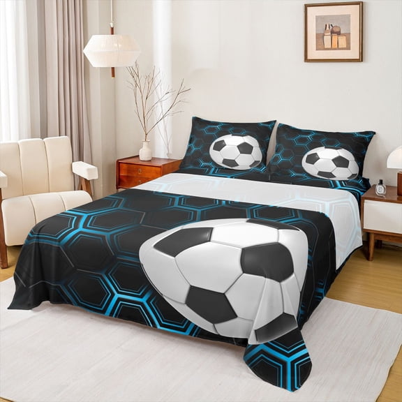 Homewish Geometric Hexagon Honeycomb Twin Sheet Sets,Football Soccer Game Twin Fitted Sheet,Blue Black White Flat Sheet For Kids,Microfiber Bedroom Decor,3-Piece