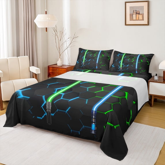 Homewish Geometric Hexagon Twin Sheet Set, Cartoon Light Blue Green Ombre, 3-Piece