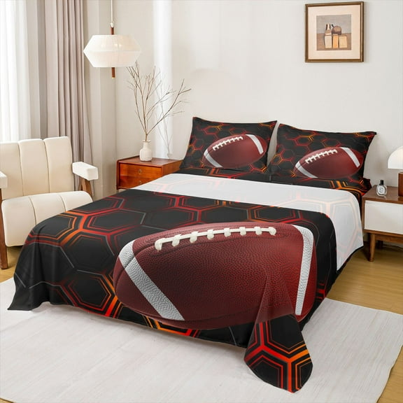 Homewish Geometric Hexagon Twin Sheet Sets,Rugby Football Sport Twin Fitted Sheet,Red Black Flat Sheet For Boys,Super Cozy Room Decor,3pcs