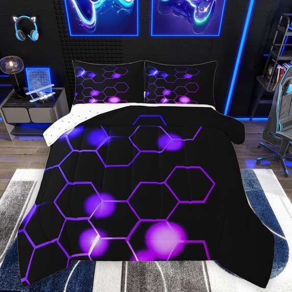 Homewish Geometric Honeycomb 3 Pieces Queen Comforter Set for Teens Boys Girls,Abstract Gradient Hexagon Ultra Soft Bedding Sets,Purple Blue Bedding Comforter Set Breathable,Lightweight Room Decor
