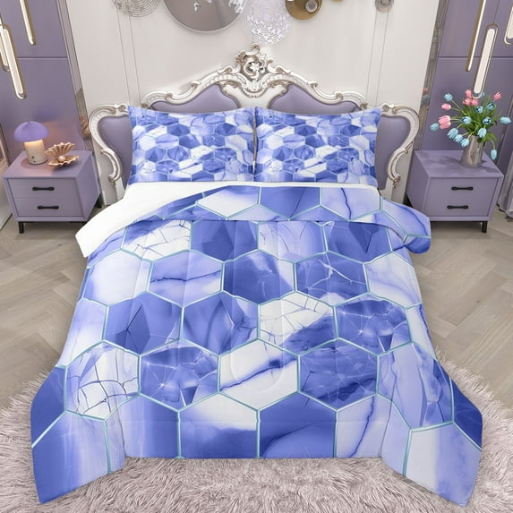Homewish Geometric Honeycomb 3 Pieces Queen Comforter Set for Teens Boys Girls,Abstract Gradient Marble Ultra Soft Bedding Sets,Ombre Marbling Hexagon Bedding Comforter Set Breathable