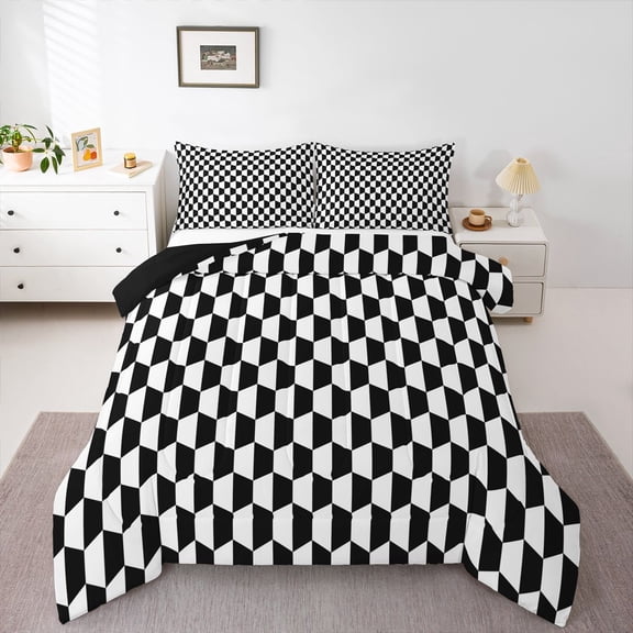 Homewish Geometric Honeycomb Bedding Comforter Set 2pcs for Kids Children Teens,Black White Twin Comforter Sets Microfiber,Abstract Hexagon Breathable Bedding Set,Super Cozy Room Decor,Reversible