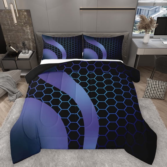 Homewish Geometric Honeycomb Bedding Comforter Set 2pcs for Teens Boys Girls,Abstract Gradient Ombre Twin Comforter Sets Microfiber,Blue Purple Hexagon Breathable Bedding Set