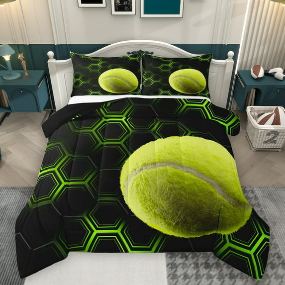 Homewish Geometric Honeycomb Full Size Comforter Sets,Tennis Sport Bedding Comforter Set,Green Hexagon Bedding Sets For Teens,Ultra Soft Home Decor Reversible,3-Piece