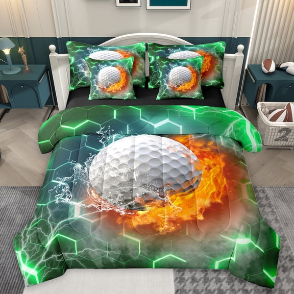 Homewish Geometric Honeycomb Hexagon 7 Pieces Bedding Comforter Set,Golf Ball Sport Full Bedding Set,Green White Orange Fitted Sheet Flat Sheet For Boys Kids,Breathable Home Decor Reversible
