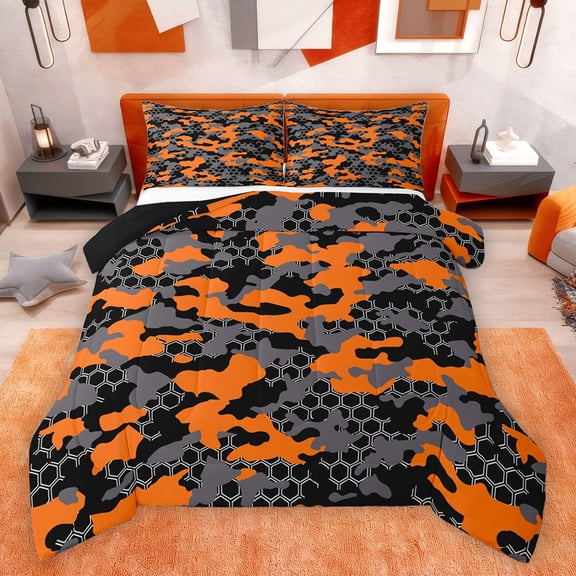 Homewish Geometric Honeycomb Hexagon Bedding Comforter Set 2pcs for Boys Girls,Abstract Camouflage Camo Twin Comforter Sets Microfiber,Retro Vintage Aesthetic Breathable Bedding Set