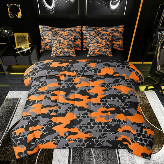 Homewish Geometric Honeycomb Hexagon Bedding Comforter Set 7 Pieces for Boys Girls,Abstract Camouflage Camo Full Bedding Set Lightweight,Retro Vintage Aesthetic Fitted Sheet Flat Sheet