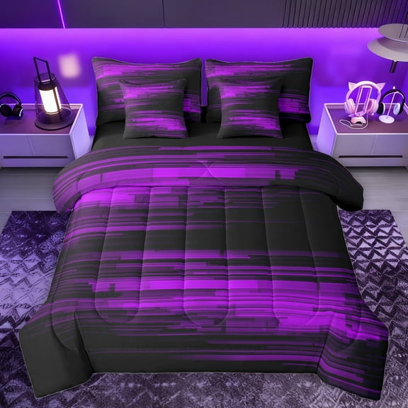 Homewish Geometric Line Pattern 7pcs Bedding Comforter Set,Pixel Stripes Pattern Queen Bedding Sets,Black Purple Queen Sheet Sets For Teens,Luxury Bedroom Decor Reversible