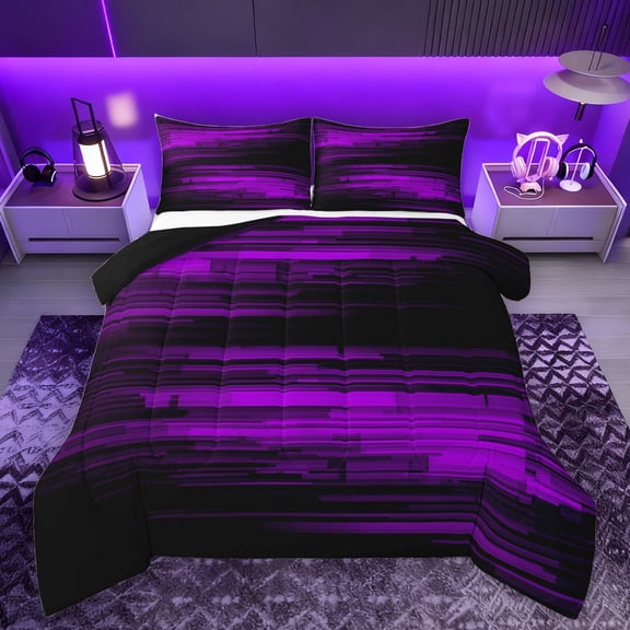 Homewish Geometric Line Pattern Bedding Comforter Set,Pixel Stripes Pattern Twin Comforter Sets,Black Purple Bedding Set For Teens,Luxury Bedroom Decor Reversible,2-Piece