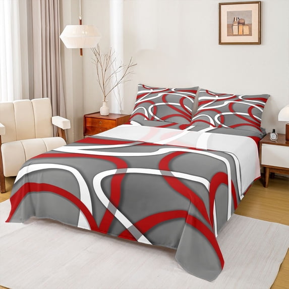 Homewish Geometric Lines 4-Piece Full Size Sheets For Adults Female Men,Minimalist Abstract Stripes Bed Sheets,Grey Red White Lightweight Sheet Sets,Super Cozy Room Decor