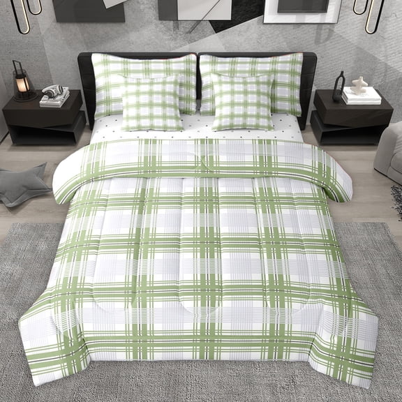 Homewish Geometric Lines 7-Piece Bedding Comforter Set,Abstract Geometric Checkerboard King Bedding Sets,Green White Gray Bed Sheets For Kids,Breathable Home Decor Reversible