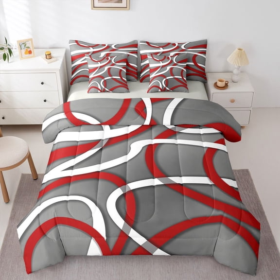 Homewish Geometric Lines 7-Piece Twin Bedding Sets For Adults Female Men,Minimalist Abstract Stripes Bedding Comforter Set,Grey Red White Breathable Sheet Sets,Super Cozy Room Decor,Reversible