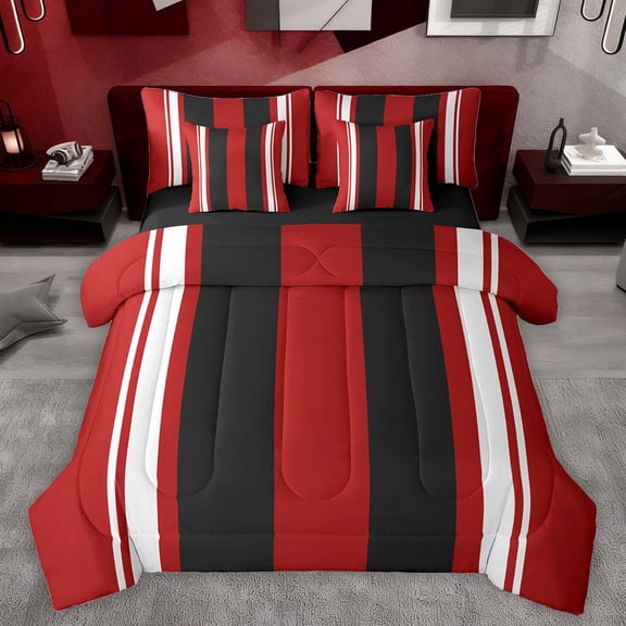 Homewish Geometric Lines Print 7-Piece Bedding Comforter Set,Stripes Pattern King Bedding Sets,Red Black White Bed Sheets For Teens,Luxury Bedroom Decor Reversible