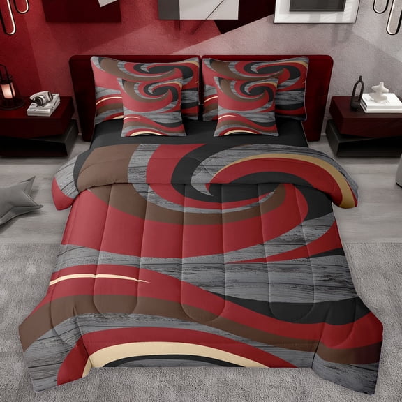 Homewish Geometric Lines Print 7-Piece Bedding Comforter Set,Stripes Pattern King Bedding Sets,Red Gray Black Bed Sheets For Teens,Luxury Bedroom Decor Reversible