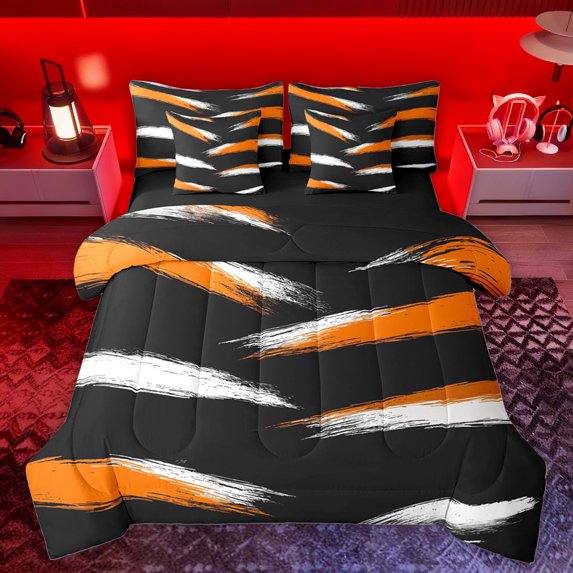 Homewish Geometric Lines Print 7 Pieces Bedding Comforter Set,Graffiti Stripes Pattern Full Bedding Set,Orange White Black Fitted Sheet Flat Sheet For Teens,Luxury Bedroom Decor Reversible