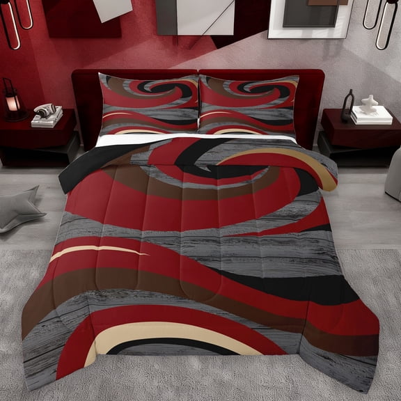 Homewish Geometric Lines Print Bedding Comforter Set,Stripes Pattern Twin Comforter Sets,Red Gray Black Bedding Set For Teens,Luxury Bedroom Decor Reversible,2 Pieces