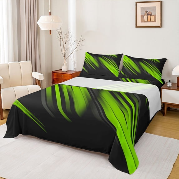 Homewish Geometric Lines Print Full Size Sheets,Stripes Pattern Bed Sheets,Green Black Sheet Sets For Teens,Luxury Bedroom Decor,4-Piece